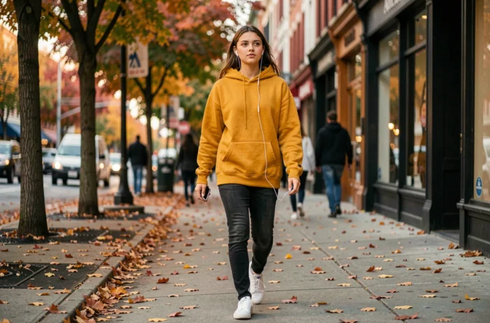 Adolescente marchant sur un trottoir parisien en automne avec des écouteurs, feuilles mortes au sol, illustrant l'effet apaisant de la musique sur le moral et la santé mentale des jeunes