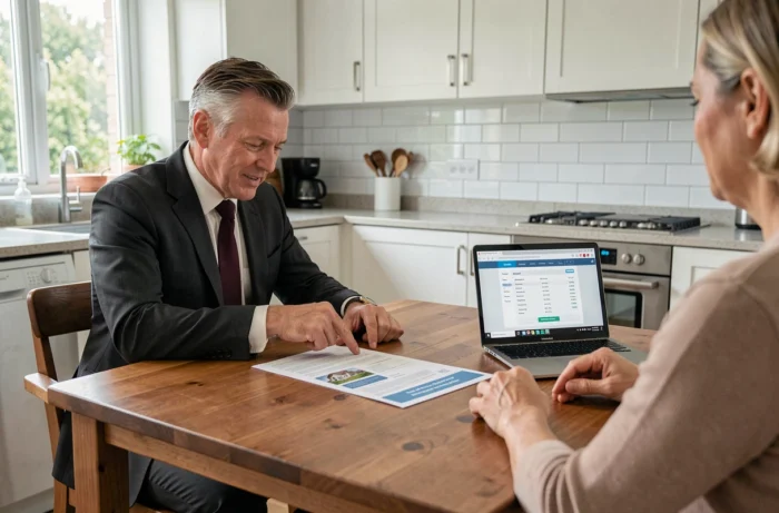 Agent d'assurance expliquant les garanties d'une assurance immobilière à un propriétaire