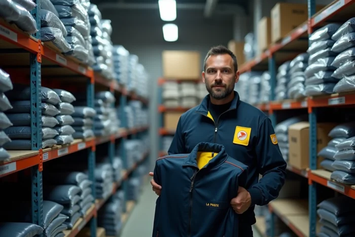 Agent La Poste récupérant sa veste de travail dans le local d'habillement du dépôt postal