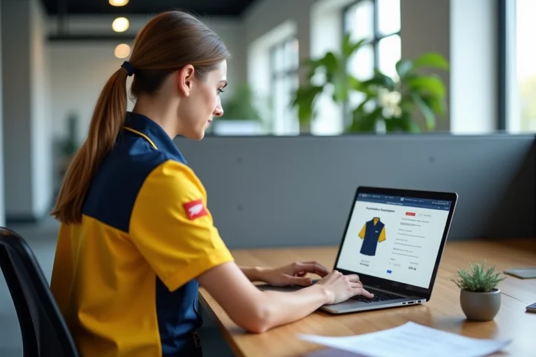 Nouvelle agente La Poste consultant son espace habillement en ligne sur un ordinateur portable au bureau