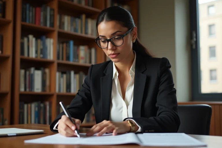 Femme professionnelle d'origine nord-africaine assise à un bureau moderne, illustrant le parcours inspirant d'Amal Laoui