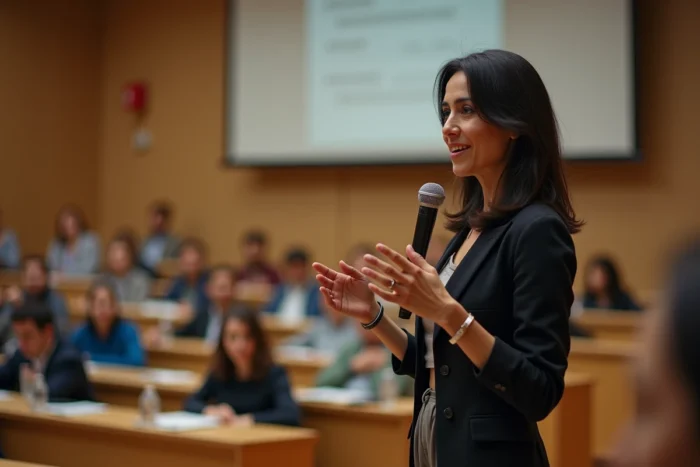Femme conférencière d'origine algérienne prenant la parole lors d'une conférence universitaire, évoquant le parcours académique d'Amal Laoui