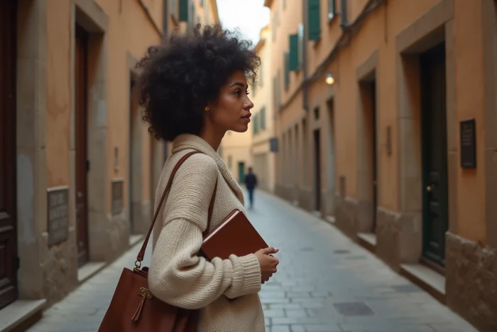 Femme marchant dans une rue pavée européenne avec un carnet, symbolisant le parcours de vie et les origines d'Amal Laoui