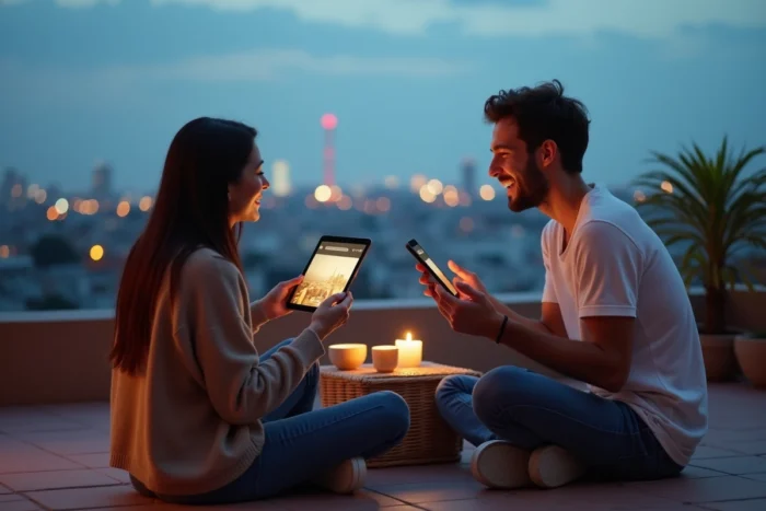 Deux amis partageant une expérience de streaming multi-écrans sur une terrasse en ville au crépuscule