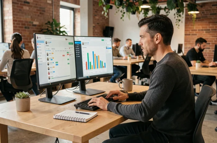 Professionnel du marketing digital analysant des données et tendances 2024 sur double écran en espace de coworking