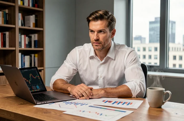 Homme d'affaires analysant des graphiques boursiers sur un bureau en bois dans un bureau moderne avec vue sur la ville