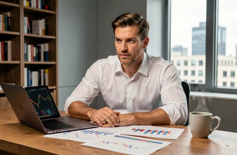 Homme d'affaires analysant des graphiques boursiers sur un bureau en bois dans un bureau moderne avec vue sur la ville