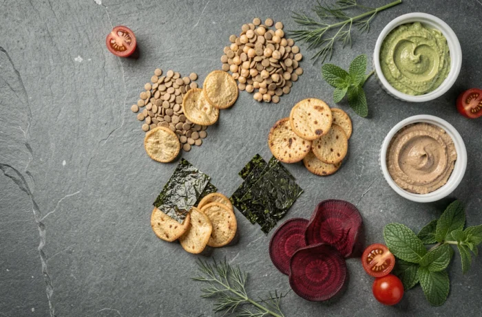 Assortiment de chips saines lentilles pois chiches algues et betterave présentées en flat lay pour un apéritif équilibré
