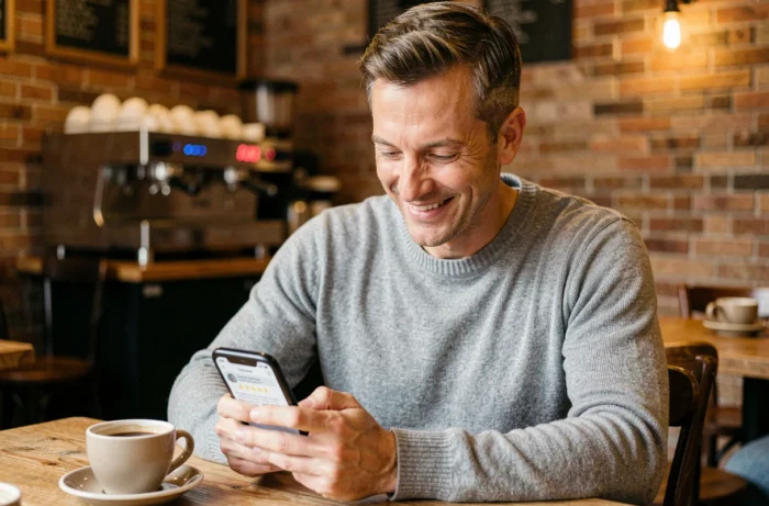 Homme souriant laissant un avis cinq étoiles sur son smartphone dans un café