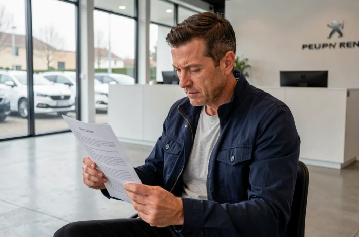 Un homme lisant des avis clients dans une concession Peugeot moderne
