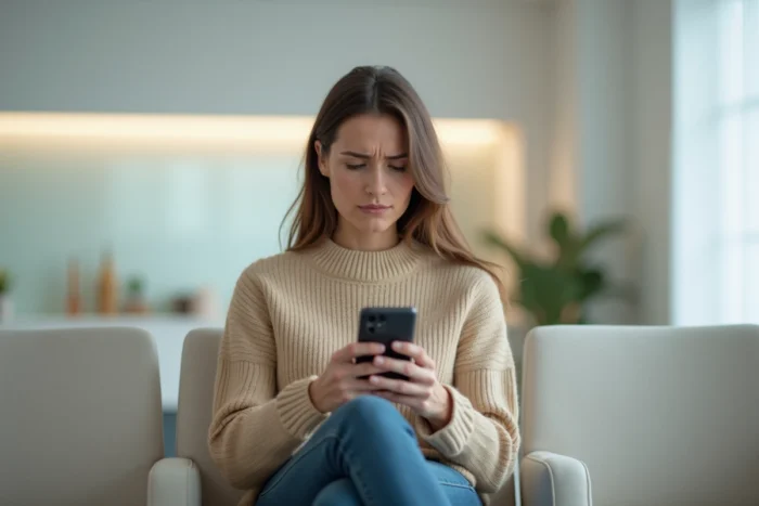 Femme mécontente lisant des avis négatifs sur son téléphone dans une salle d'attente de clinique dentaire The Smilist