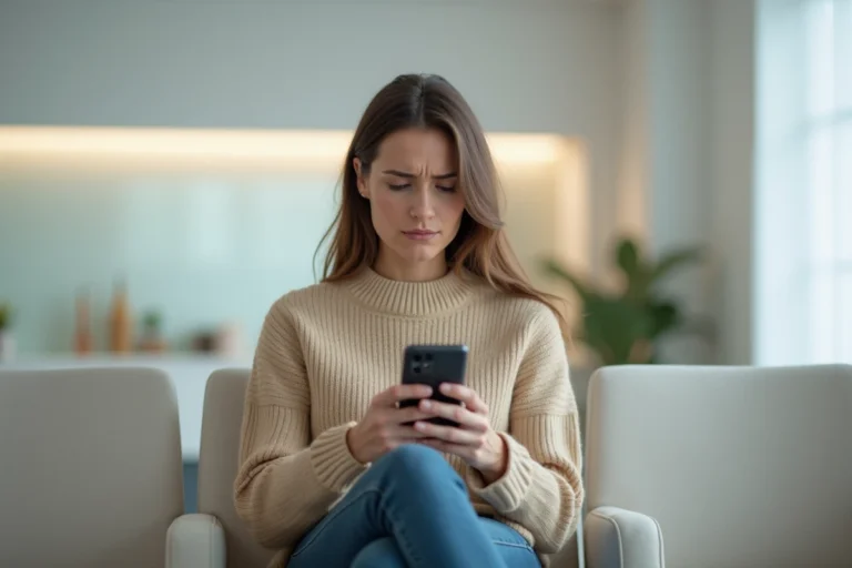 Femme mécontente lisant des avis négatifs sur son téléphone dans une salle d'attente de clinique dentaire The Smilist