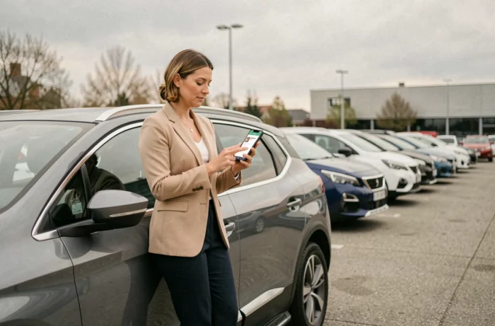 Une femme consultant des avis Spoticar sur son smartphone devant un véhicule d'occasion Peugeot
