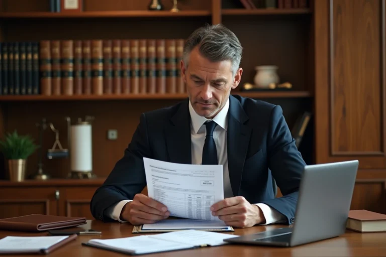 Avocat en costume marine assis à son bureau consultant un document de tarification des honoraires dans un cabinet juridique