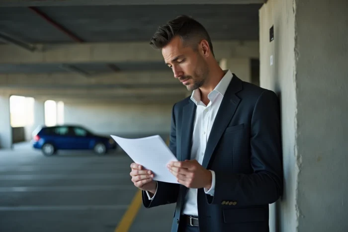 Avocat consultant un document de saisie judiciaire d'un véhicule dans un parking souterrain