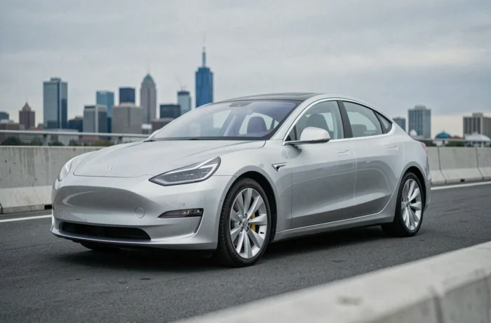 Berline électrique futuriste sur une piste d'essai urbaine moderne, illustrant les tendances de l'industrie automobile