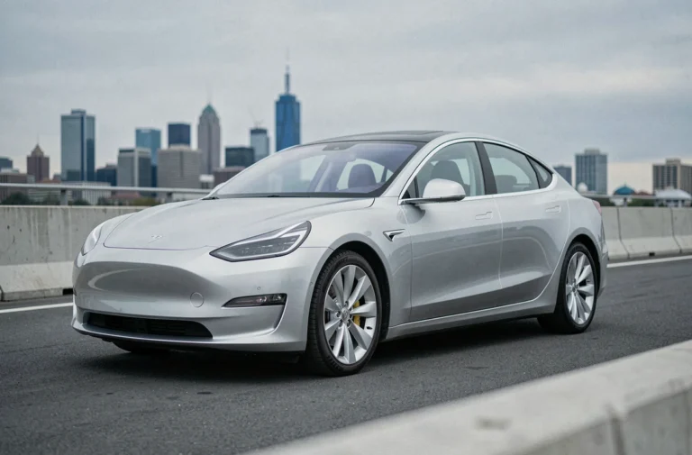 Berline électrique futuriste sur une piste d'essai urbaine moderne, illustrant les tendances de l'industrie automobile