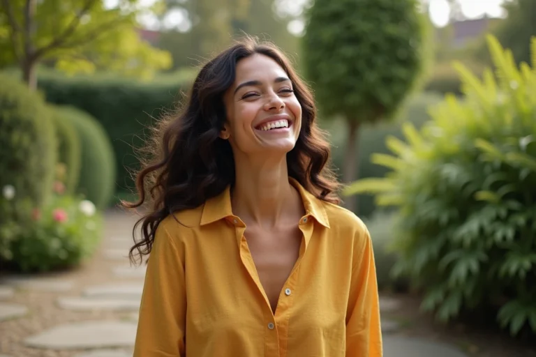 Femme souriante au caractère solaire dans un jardin botanique, rayonnant de joie naturelle et de bienveillance au quotidien