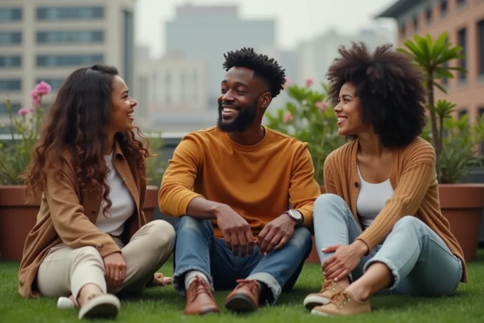 Groupe de personnes rayonnantes partageant un moment de joie sur une terrasse urbaine, illustrant le caractère solaire et la bienveillance collective