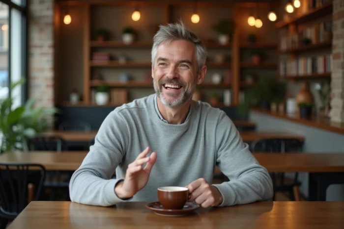 Homme au caractère positif et solaire assis dans un café, incarnant la joie de vivre et l'énergie communicative au quotidien