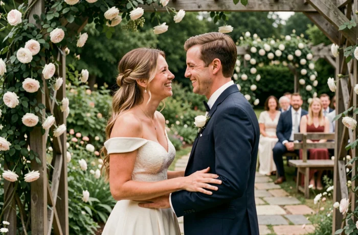 Couple de mariés riant lors d'une cérémonie de mariage en plein air dans un jardin fleuri avec décoration rustique