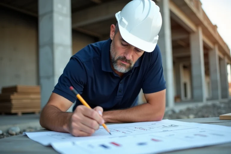 Chef de chantier BTP annotant un devis sur un plan papier étalé sur une table de chantier extérieure