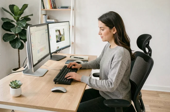 Femme assise à un bureau ergonomique avec double écran dans un espace de travail à domicile moderne et bien organisé