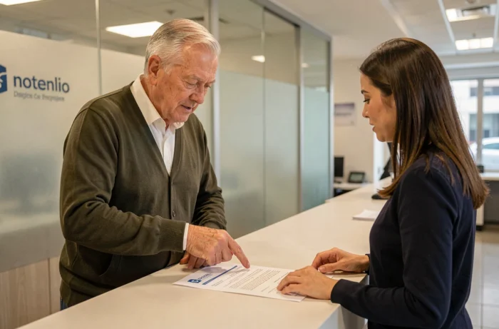 Client senior en agence bancaire demandant de l'aide pour trouver son numéro de compte Livret A