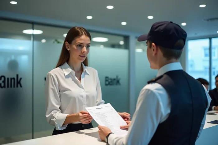 Cliente signalant un prélèvement inconnu à un conseiller bancaire en agence