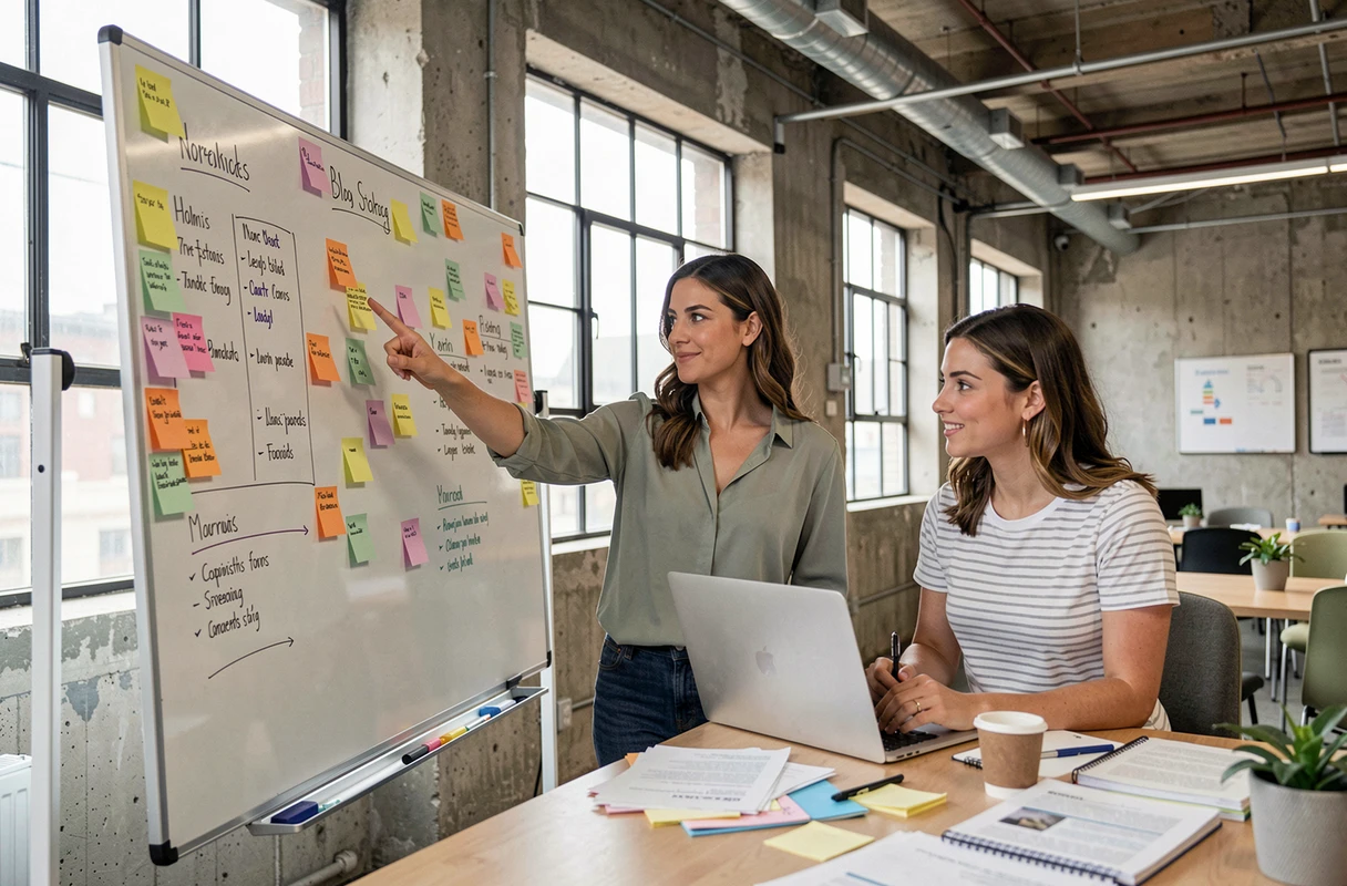 Deux femmes collaborant sur une stratégie de contenu pour un blog devant un tableau blanc dans un espace de coworking créatif