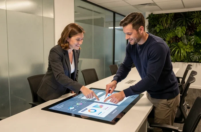 Deux professionnels collaborant autour d'une table tactile interactive dans une salle de réunion technologique