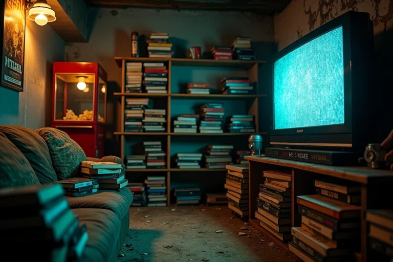 Collection de cassettes VHS et télévision cathodique dans un sous-sol nostalgique évoquant l'univers des films de série B