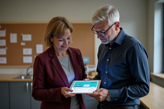 Deux collègues de l'académie d'Amiens consultant ensemble le portail Arena sur une tablette dans la salle des professeurs