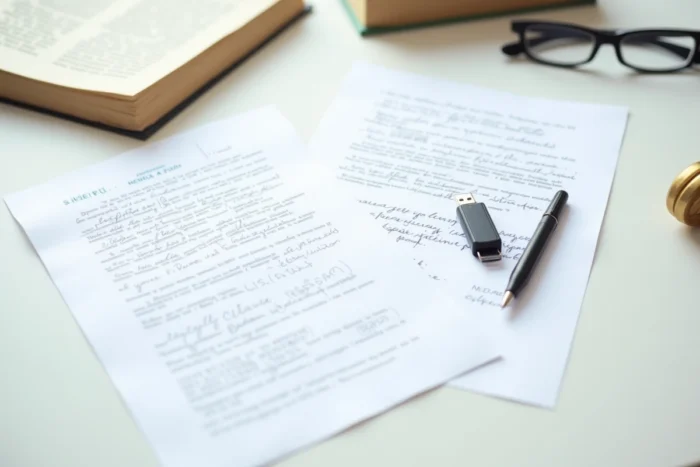 Comparaison entre une lettre manuscrite et une lettre numérique imprimée destinées à un juge, vue de dessus