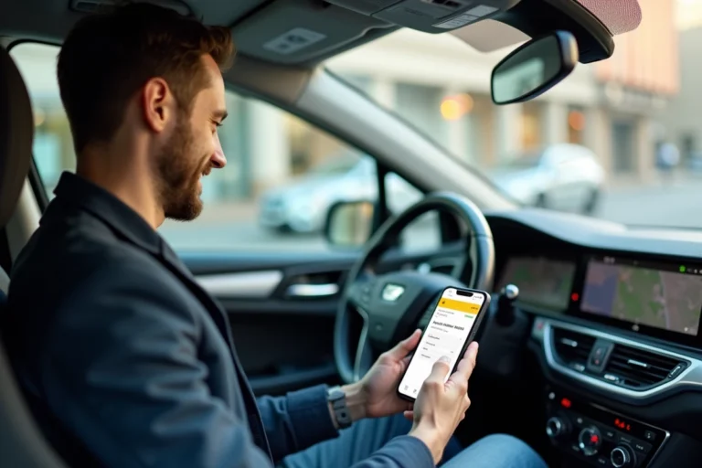 Conducteur Blablacar vérifiant sa confirmation de paiement sur smartphone dans sa voiture