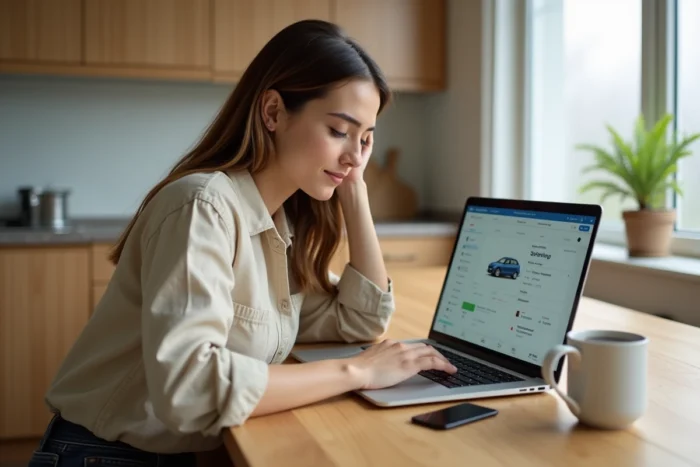 Femme conductrice gérant ses paiements Blablacar sur ordinateur portable à la maison
