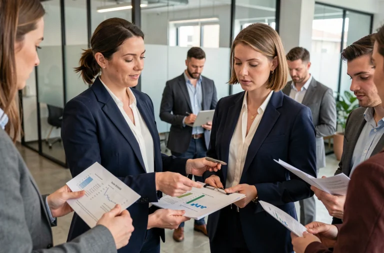 Consultante professionnelle présentant une stratégie d'entreprise à une équipe dans un bureau moderne