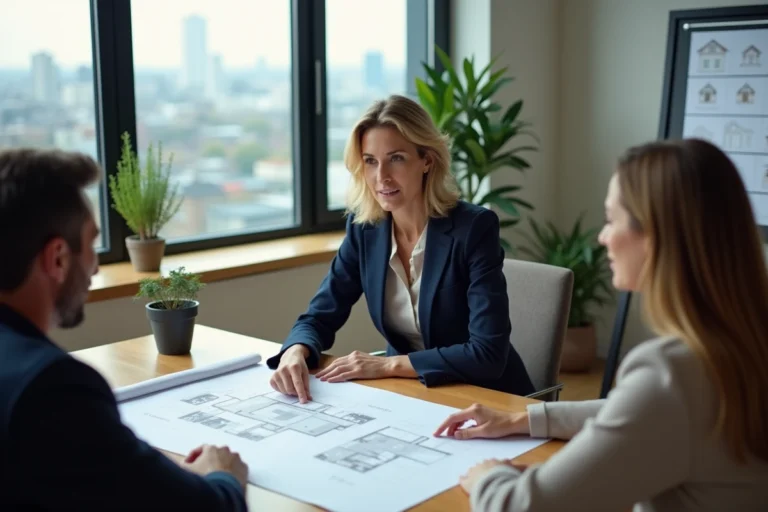 Agent immobilier femme présentant des plans à un couple lors d'une consultation en agence moderne