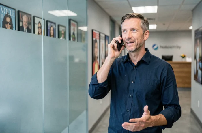 Homme en chemise marine téléphonant à une rédaction dans le couloir d'un bureau de presse moderne