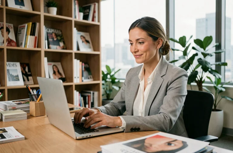 Femme professionnelle en blazer gris envoyant un email à une équipe éditoriale depuis un bureau moderne en open space