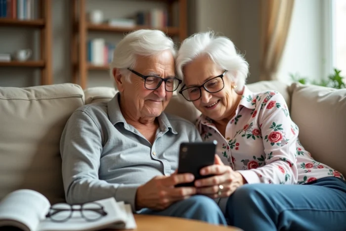 Couple de personnes âgées consultant ensemble les paramètres du compte Famileo sur un smartphone dans le salon