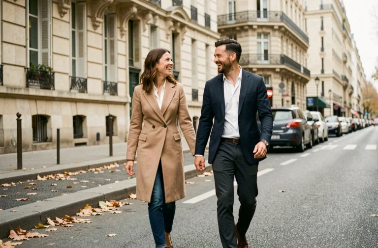 Couple élégant se promenant sur un boulevard parisien en automne, souriant naturellement lors d'une apparition publique rare