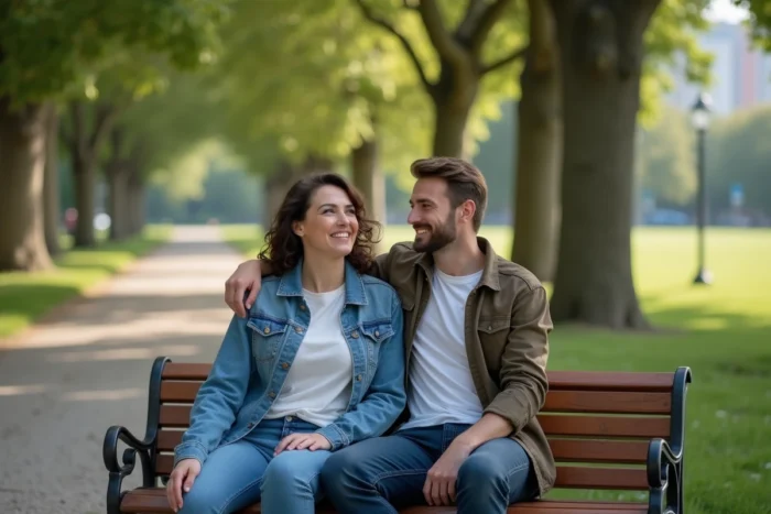 Couple rieur assis sur un banc dans un parc urbain, complicité et naturel dans un cadre verdoyant