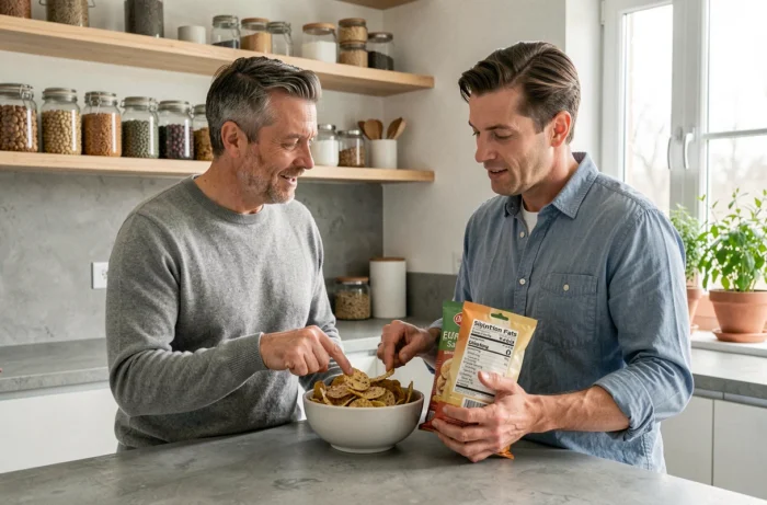 Couple comparant des paquets de chips saines dans une cuisine moderne pendant la préparation d'un apéritif
