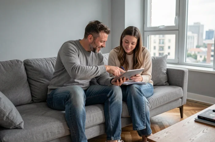 Couple cherchant des annonces immobilières ensemble sur une tablette dans leur salon moderne