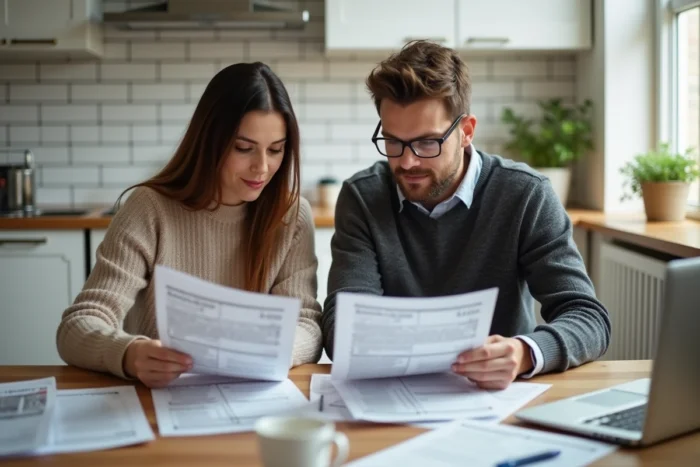 Couple étudiant des documents de prêt immobilier sur un ordinateur portable dans leur cuisine