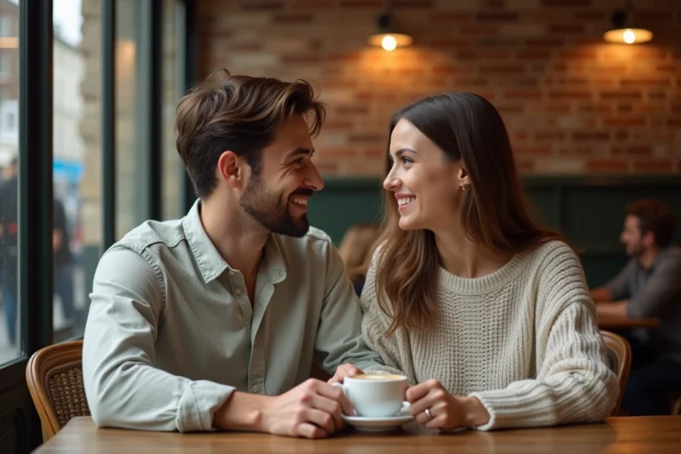 Couple complice partageant un moment intime dans un café parisien, regard amoureux et sourires naturels