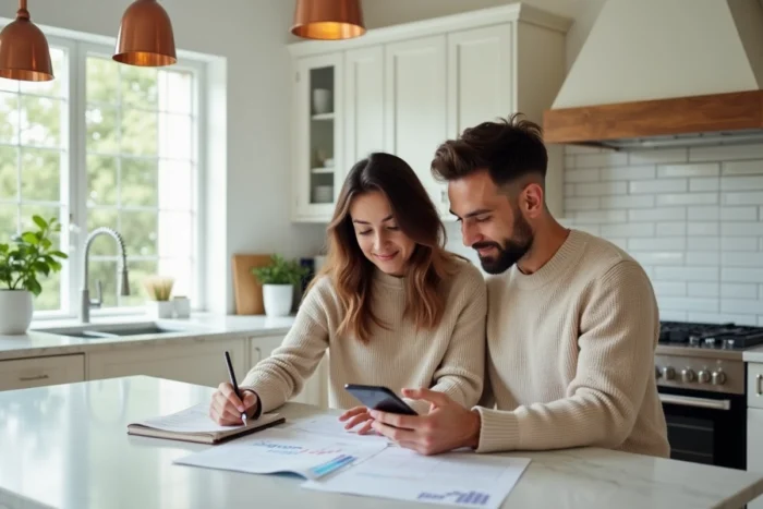 Couple planifiant leurs investissements ensemble à la maison en consultant des documents financiers et une application boursière