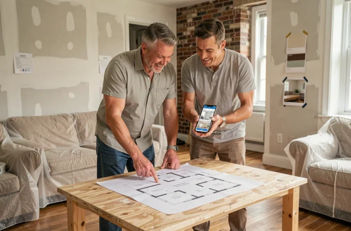 Couple planifiant des travaux de rénovation à l'aide d'une plateforme dédiée sur smartphone