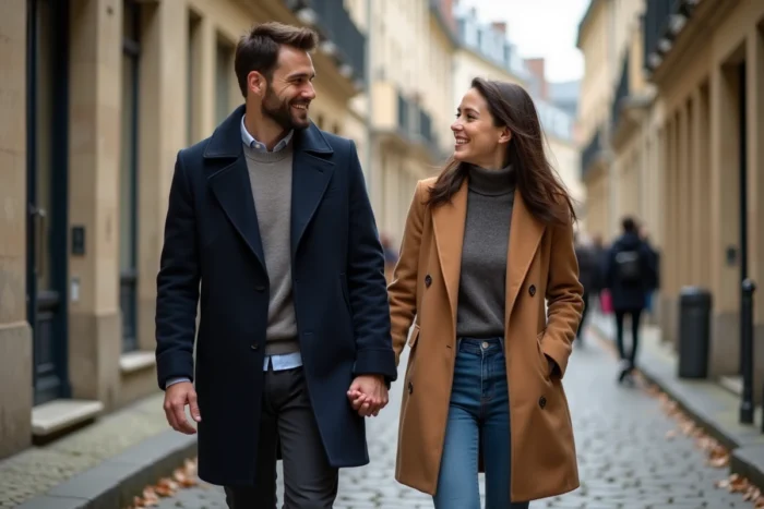 Couple se promenant main dans la main dans une rue pavée en automne, ambiance romantique et complice